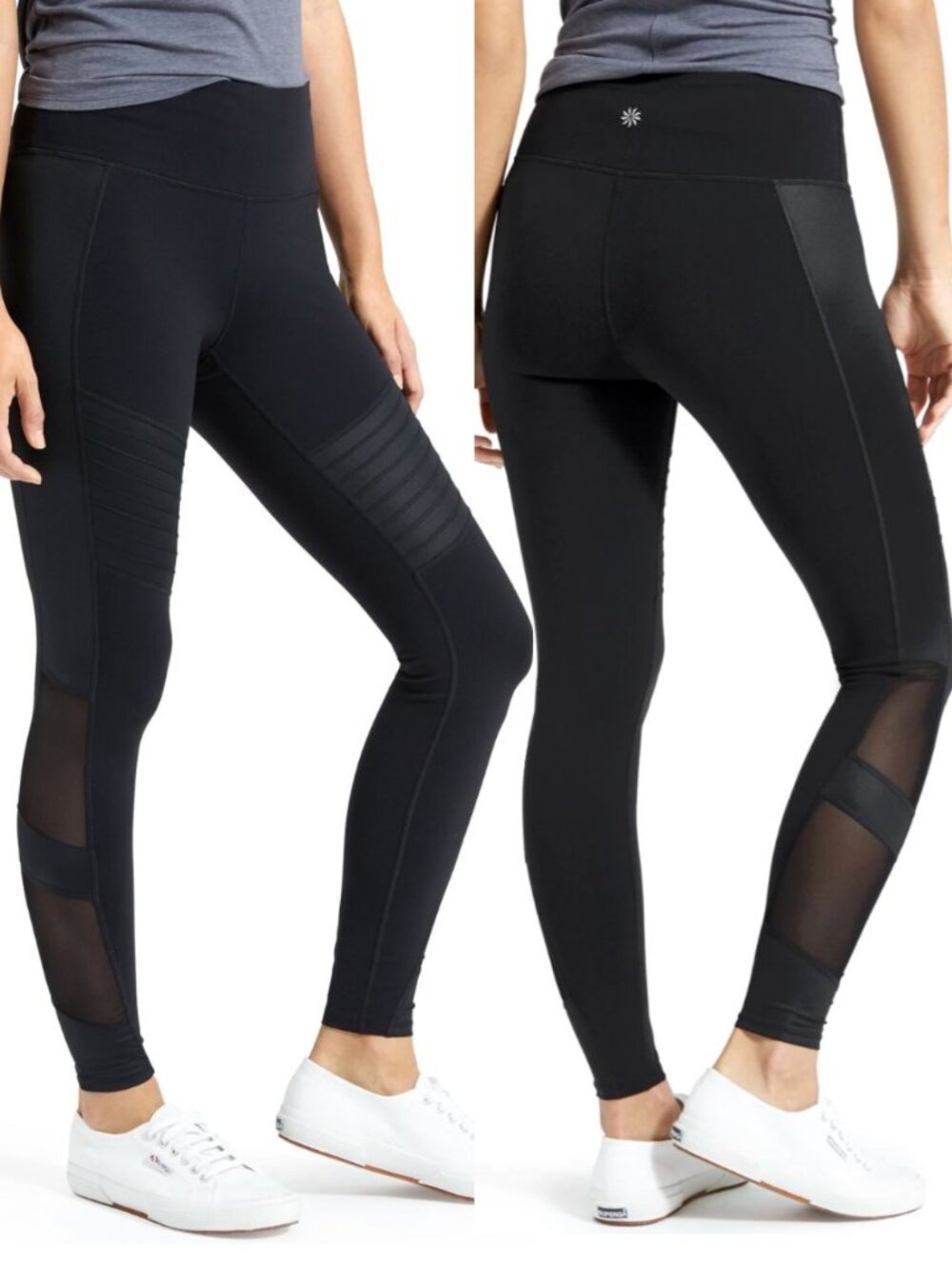 ATHLETA Powerful Gleam Tight High Rise Moto Leggings Black Vegan Leather + Mesh